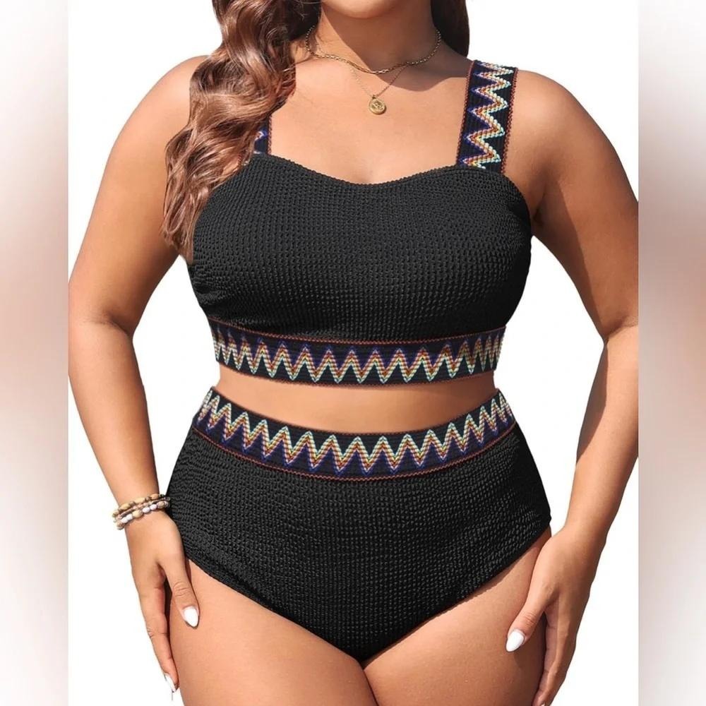 Black Textured Halter Bikini Set Multi-Color Chevron Embroidery High Waist XL